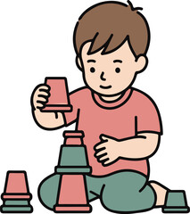 Cartoon boy in a red shirt kneeling while building a tower with colorful stacking cups.