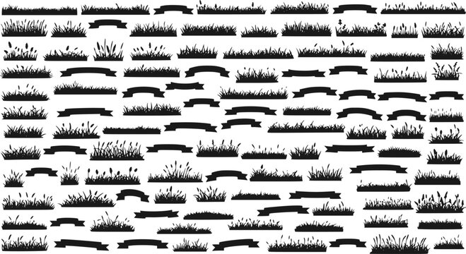 Set of horizontal banners of meadow silhouettes with grass. hand drawn.  Vector illustration.
