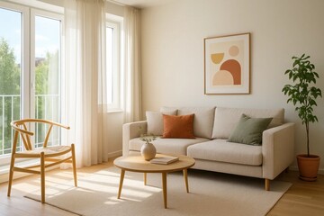 Fototapeta premium Embracing tranquility, this modern living room invites relaxation with its minimalist decor and serene ambiance