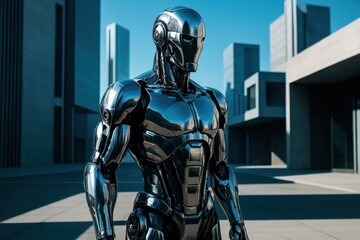 A solitary robot stands guard in the heart of a futuristic cityscape, its metallic form reflecting the blue sky above