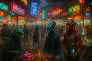 Fototapeta premium In the vibrant underbelly of a neon-lit city, alien creatures engage in commerce at an intergalactic marketplace
