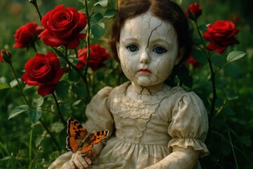 Fototapeta premium A doll with a broken heart sits amidst vibrant red roses, her gaze lost in the tranquil beauty of the garden