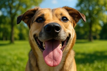 A cheerful dog with a tongue-out smile