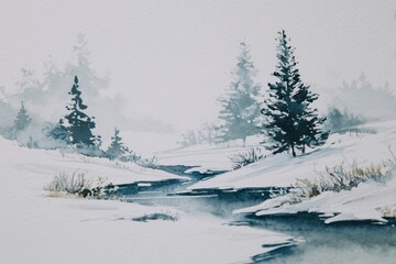 watercolor painting of a winter scene, with a white snow background featuring trees and a river Generative AI