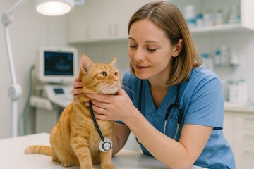 A veterinarian examines a ginger cat with a stethoscope in a clinical setting