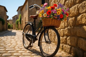 A solitary bicycle stands on a cobblestone street, adorned with a vibrant basket overflowing with colorful flowers, evoking a sense of tranquility and nostalgia