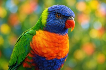 A vibrant Lorikeet in profile against a soft-focus backdrop of colorful flora
