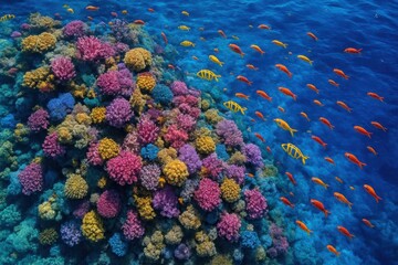A vibrant underwater coral reef teems with life as a school of colorful fish dart through the clear blue waters