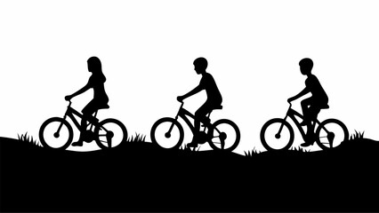 Obraz premium Silhouettes of three people riding bicycles on a grassy hill against a white background in a simple design | editable eps vectors