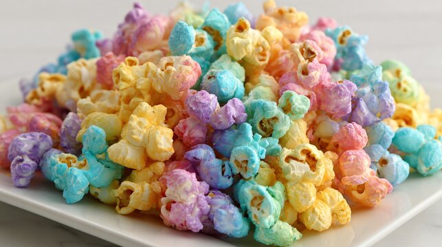 Pastel rainbow popcorn styled in ombre pattern on white tray