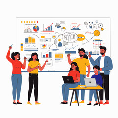 Diverse professionals collaborate, analyzing data charts and brainstorming innovative business strategies on a large whiteboard in a modern office setting.