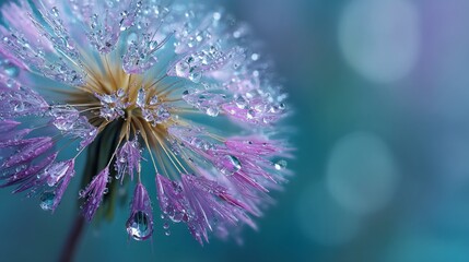 Obraz premium Dandelion seed head with dewdrops, bokeh background, soft cool tones, close-up