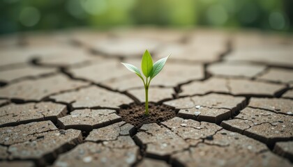 small green sprout growing through dry cracked earth