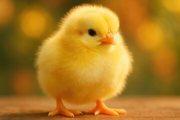 A young chicklet stands alert on a wooden surface, its bright yellow feathers contrasting with the soft, blurred background