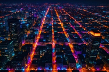 Fototapeta premium A cityscape at night, where neon lights illuminate a sea of buildings, creating a vibrant tapestry of urban life