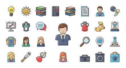 Collection of business and technology icons representing various concepts and professions