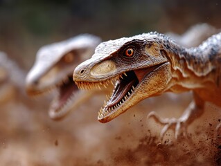 Fototapeta premium Dinosaurs sprinting across a rugged terrain during a prehistoric era