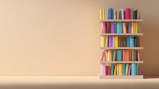 Colorful bookshelf with stacked books against plain wall, symbol of knowledge learning and education