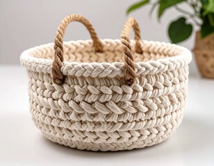 Obraz premium A Handcrafted White Braided Rope Storage Basket on white background 