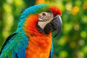 Obraz premium A vibrant parrot with a striking array of colors stands out against a softly blurred green backdrop, its gaze directed towards something unseen