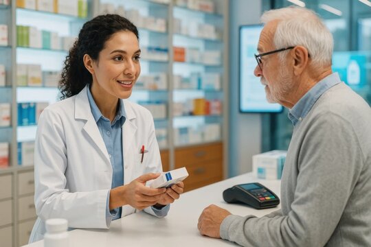 Healthcare professional assisting an elderly patient in a pharmacy setting