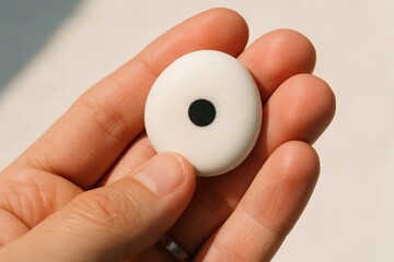 A Close-Up of a Quirky White Candy with a Black Center