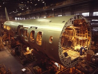 Aircraft manufacturing process takes place inside a large facility with technicians and detailed machinery involved
