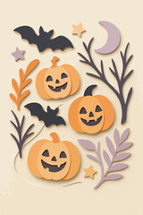 Halloween Cutout Pumpkin Bat Moon Stars Scary Trees Night Vector Black Orange Purple Silhouette Cute October 31 Print Design