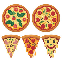 Tasty pizza varieties vector illustration restaurant food isolated on white background