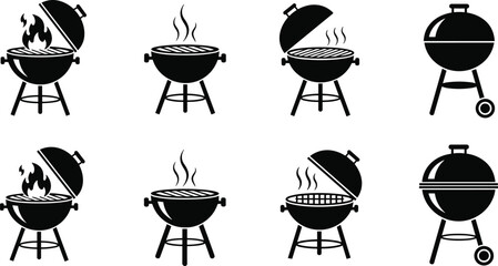 Barbecue grill icons, open and closed lids, flames and steam variations, kettle-style grills, cooking equipment silhouettes, black vector illustration, outdoor cooking design