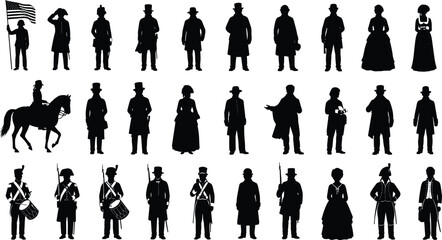 Set of thirty American historical figure silhouettes, black vector illustration of patriotic characters from different eras for history, education, and cultural themes