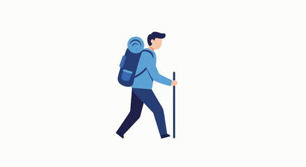 Adventurous hiker with backpack and walking stick enjoying a scenic hike