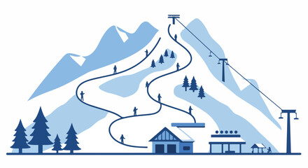 Snowy mountain scene with a ski resort in winter, the blue tones are enhanced in the illustration, with skiers ascending on the lift, creating an active, yet peaceful, environment