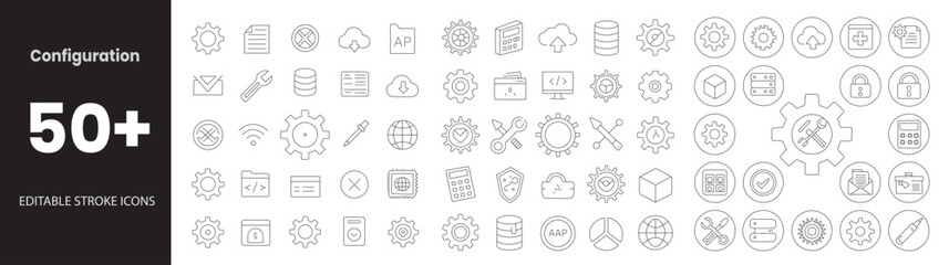 Configuration icon set. Containing gear, settings panel, sliders, control panel, system preferences, admin tools, API settings, and more. Editable line icons. Vector illustration