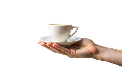 Close up of a hand holding a cup of coffee isolated on transparent background, offering a hot and delicious beverage for a morning break