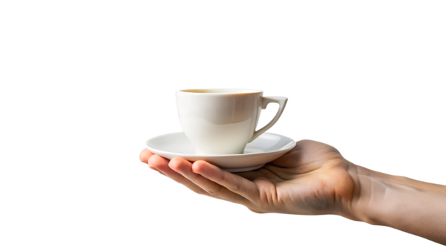 Close up of a hand holding a cup of coffee isolated on transparent background, offering a hot and delicious beverage for a morning break