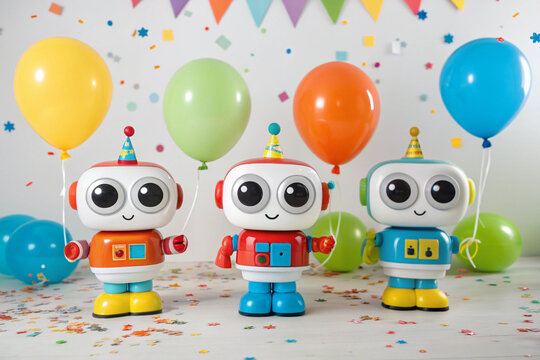 Three Cute Toy Robots Wearing Party Hats with Balloons and Confetti toys children - Powered by Adobe