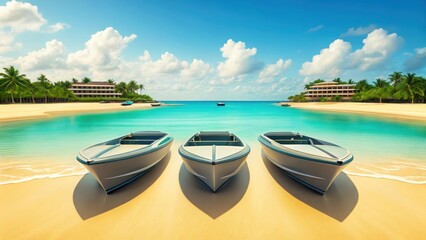 Tropical Beach with Modern Speedboats. Aerial Resort Scene with Boats on Sand. Crystal Clear Ocean and Palm Tree Vista.