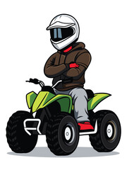 ATV Rider Cartoon with Helmet and Brown Jacket Adventure Off Road Fun and Recreational Vehicle Activity