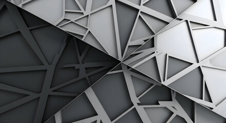 abstract geometric triangular pattern in black and white, shattered glass effect, modern architectural background, sharp angular shapes, 3D abstract texture

