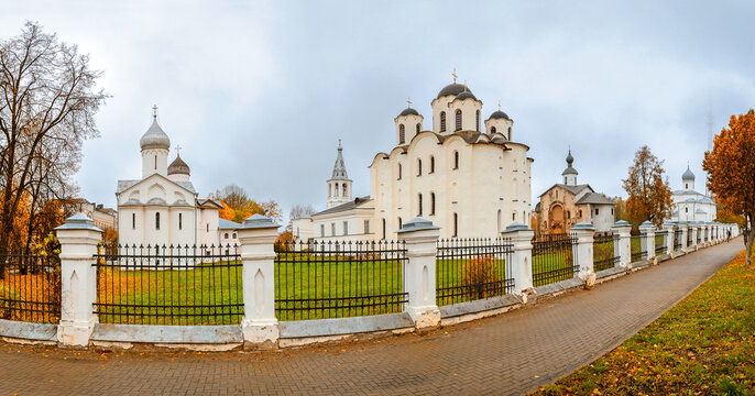 Veliky Novgorod Russia. Autumn city landscape, panoramic view of churches in Yaroslav's Courtyard in cloudy autumn day