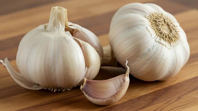 Fresh garlic bulbs and cloves on wooden kitchen countertop  