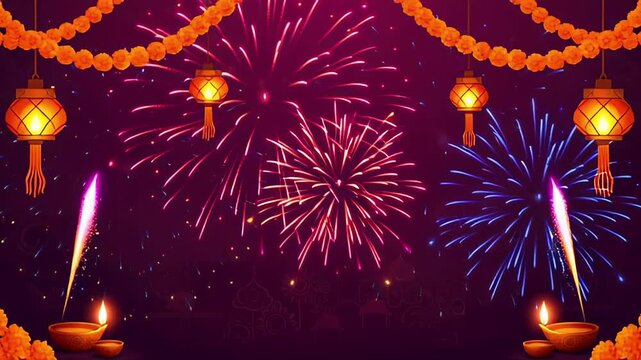Vibrant fireworks display with lanterns and candles celebrating a festival of lights, Happy Diwali.
