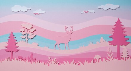 Dreamy Pink and Blue Landscape with Deer Silhouette Paper Cut Illustration