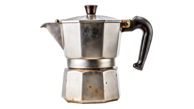 A vintage italian moka pot isolated on transparent background, a traditional stovetop espresso maker for a rich and flavorful coffee experience