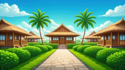 Obraz premium Stylized Tropical Pathway to Thatched Roof Bungalow. Sunny Resort Walkway with Slender Palm Trees. Idyllic Garden Path with Warm Golden Sunlight.