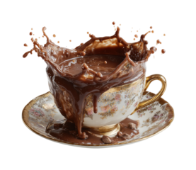 Chocolate splash in vintage cup captured moment high angle view isolated on transparent background, png