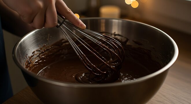 Baker whisking melted chocolate in a stainless steel bowl.