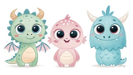 Obraz premium Three adorable baby dragons with big eyes and cute features posed together