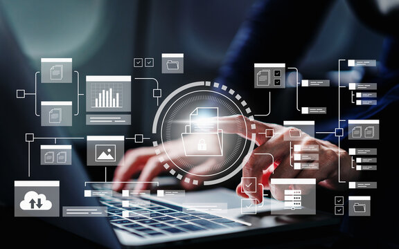 Businesswoman using laptop. digital cybersecurity interface cyber security network and data protection shield on internet with a digital padlock and many folder. encrypted connection password protect - Powered by Adobe